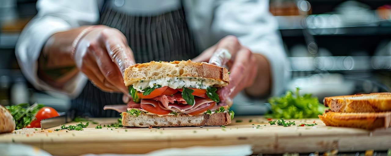 Chef crafting a gourmet sandwich in the kitchen